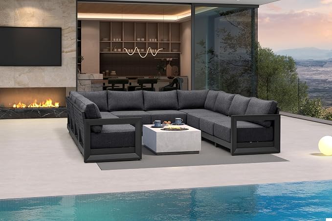 PURPLE LEAF Patio Furniture Set U-Shaped Outdoor Couch with 9.6" Thick Cushion and Soft Pillows 10 Piece Outdoor Sectional Sofas Modern Patio Conversation Sets for Yard Porch Deck Poolside, Grey