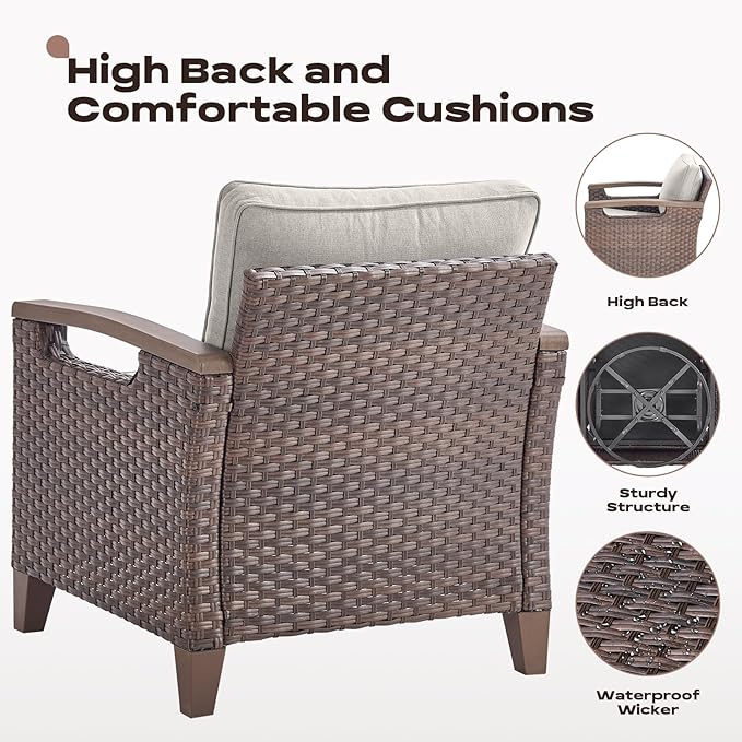 Rilyson Wicker Outdoor Patio Furniture Set - 7 Piece Patio Conversation Sets with Swivel Rocker Chairs, Chairs, Ottomans and Sofa, Thick Cushions, Waterproof Wicker, for Porch Deck Brown/Beige