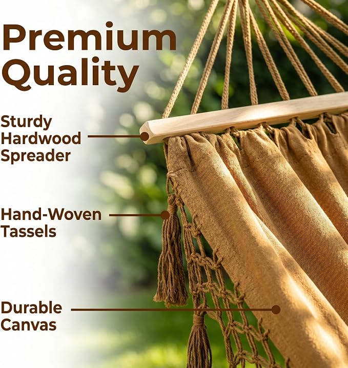 Boho Fringe Hammock with Carry Bag and 2 Tree Straps, 2 Person Fabric Hammock, 500 lb Capacity for Backyard, Porch, Patio, Camping, Indoor Outdoor Use