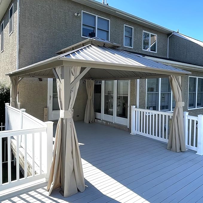 PURPLE LEAF 12' x 16' Outdoor Hardtop Gazebo, Champagne Aluminum Gazebo with Galvanized Steel Double Roof, Curtains and Netting for Patio Lawn and Garden