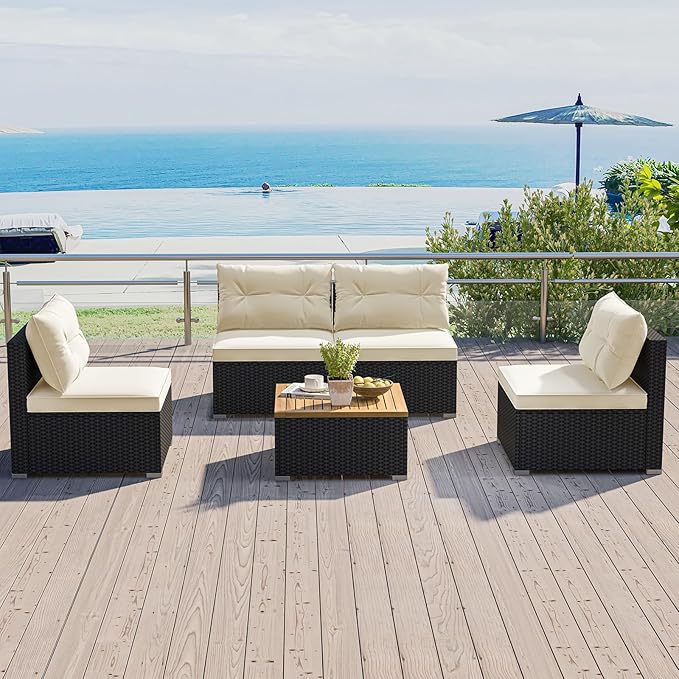 HAPPYGRILL 5 Pieces Patio Rattan Sofa Set, Outdoor Furniture Set with Seat & Back Cushions, Square Coffee Table with Acacia Wood Tabletop, Wicker Patio Conversation Set for Backyard, Poolside