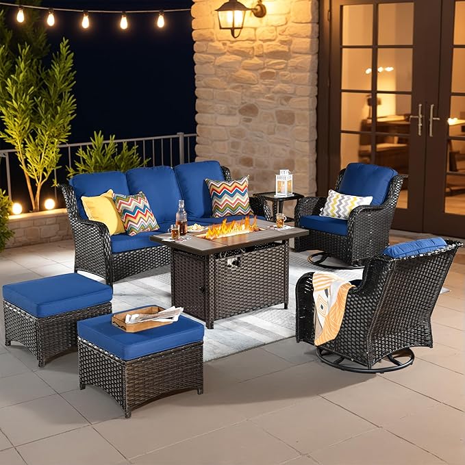 ovios 7-Pieces Patio Furniture Set with 42 Inch Fire Pit Table Swivel Chairs, Outdoor Wicker Sofa Couch Gliders Rocker, High Back Modern Conversation Set, Brown Rattan, Navy Blue