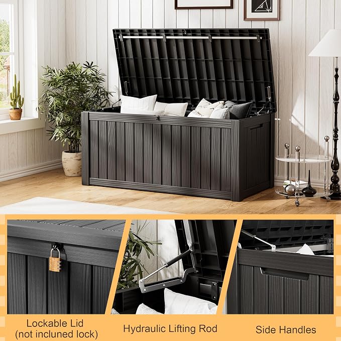 Outdoor Storage Box, 155 Gallon Resin Deck Boxes Outdoor Waterproof For Patio Furniture, Garden Tools, Pool Supplies, Lockable And UV Resistant (Striped Black)