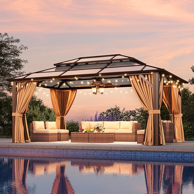 Aoxun 12'x16' Hardtop Gazebo, Outdoor Metal Gazebo with Double Polycarbonate Roof Canopy, Permanent Pavilion with Netting and Curtains for Lawn, Garden, Patio (Brown)