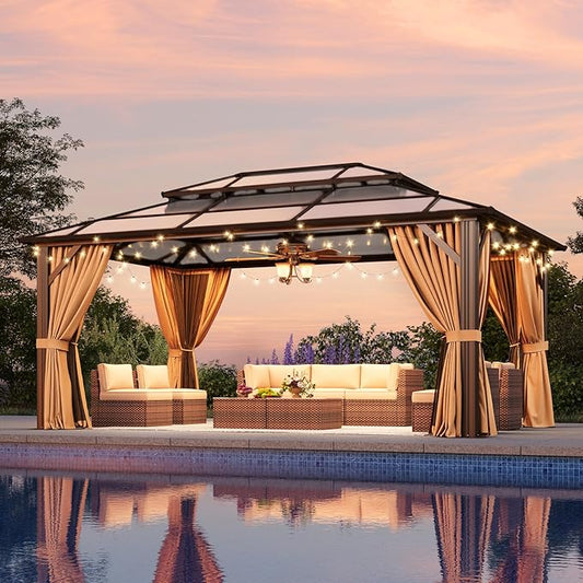 Aoxun 12'x16' Hardtop Gazebo, Outdoor Metal Gazebo with Double Polycarbonate Roof Canopy, Permanent Pavilion with Netting and Curtains for Lawn, Garden, Patio (Brown)