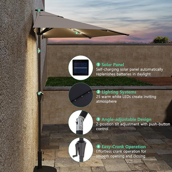 Helios&Hestia 9 ft Small Half Round Solar Powered Wall Outdoor Market Patio Umbrella with LED Lights and Tilt for Garden, Deck, Balcony