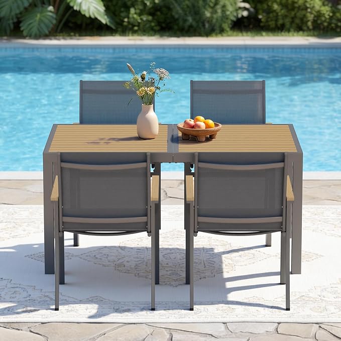 Aluminum Outdoor Table for All-Weather, 59" Patio Tables with Heavy Duty HDPS Rectangular Tabletop, Outside Table with Quick-Drying Slatted Design for Porch, Patio, Garden, Deck, Poolside, Backyard