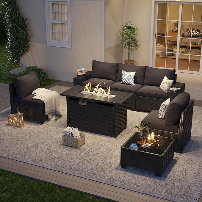 Aoxun Patio Furniture Set with 44'' Fire Pit Table, 7 Pcs Outdoor Patio Furniture Sets with 4in Thicken Cushion, Widen Armrests Wicker Outdoor Sectional for Backyard