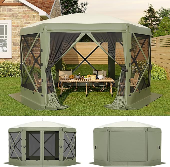 GarveeLife 11.5x11.5FT 6-Sided Pop Up Gazebo Tent，One-Push Setup Canopy Tent with Mesh Panels & Removable Wind Cloths, Outdoor shelter for Camping, Backyard Parties, Outdoor Events - Army Green