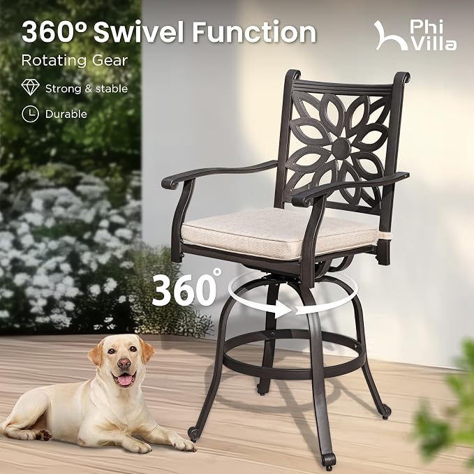 PHI VILLA Cast Aluminum Patio Bar Set with 2 Outdoor Swivel Bar Stools & 42" Pub Bar Height Table (1.96" Umbrella Hole), All Weather Furniture Bistro Table Chairs Set for Lawn, Garden