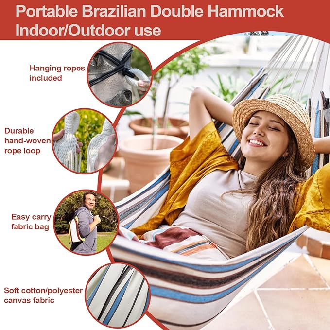 JoyView Brazilian Hammock for Single Preson Portable Hammock with Hanging Ropes & Carry Bag Large 78.8x39.4” for Patio 300LBS Capacity Perfect for Outdoor/Indoor - Grey Stripe
