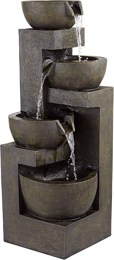 Four Bowl 42" High Large Modern Indoor Outdoor Decor Gray Faux Stone Floor Fountain with Light LED Waterfall Cascading Standing Water Feature for Outside Garden Patio Yard Backyard - John Timberland