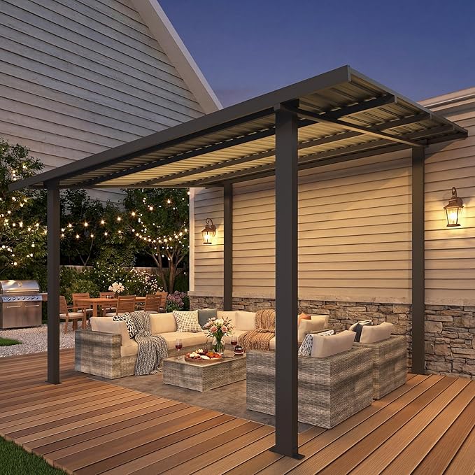AECOJOY 12' x 10' Outdoor Hardtop Lean to Gazebo for Patio, Large 10x12 Metal Pergola Gazebo, Wall-Mounted Pergolas and Gazebos Clearance, Galvanized Steel Metal Patio Roof Awnings for Patio