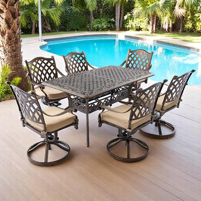 7 Piece Outdoor Dining Set Cast Aluminum Furniture Set，Retro Patio Dining Set for 6 Includes 59” Table and 6 Swivel Chairs with Cushions and 2" Umbrella Hole for Patio Deck Garden Poolside