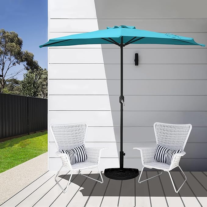 WO Home Furniture 9 ft Half Market Outdoor Umbrella With Sturdy Half Base included, Polyester Canopy, All Weather and UV Resistant for your Patio, Awning, Window, Garden, Balcony, Turquoise