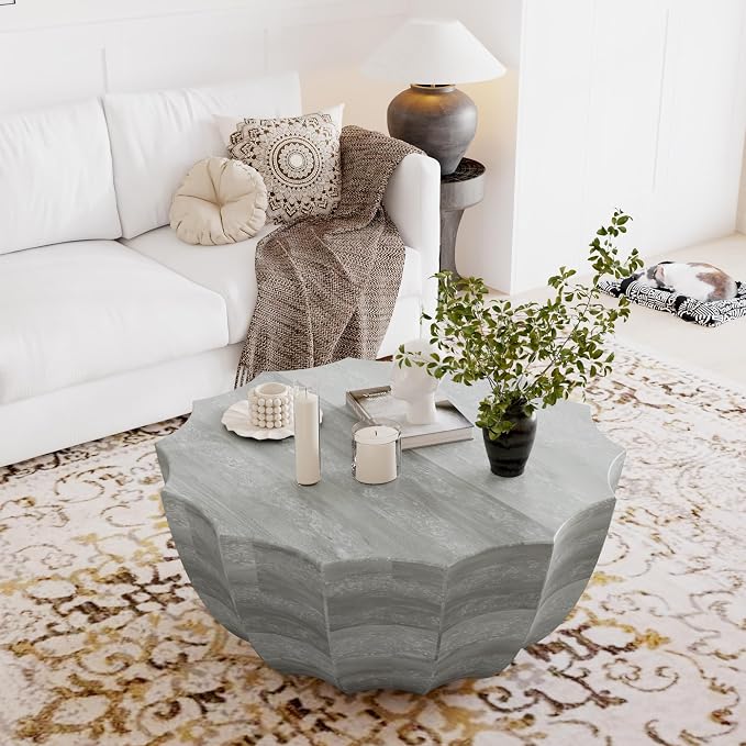 35.43" Faux Stone Coffee Table Round for Indoor or Outdoor Concrete Coffee Tables MgO Cement Center Tables for Living Room, Patio, Garden, Backyard, Balcony, Waterproof, Grey Bowl