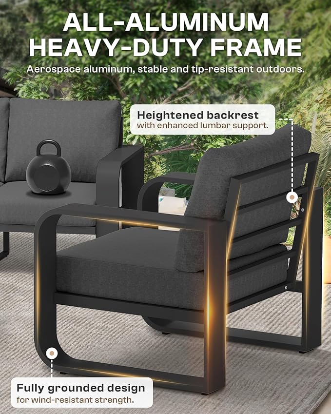 Aluminum Outdoor Patio Furniture Set, 4 Piece Oversized Patio Conversation Sets Widened Armrest & Ultra-Thick Cushions, Heavy Duty Modern Sectional Furniture for Backyard, Porch, Graphite
