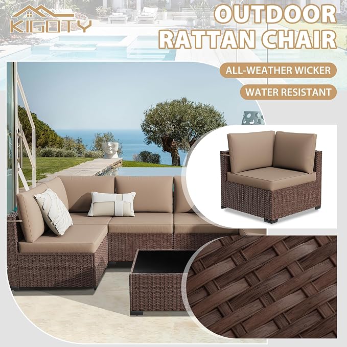 KIGOTY 7-Piece Patio Furniture Set, All-Weather PE Rattan Outdoor Sectional Sofa, Modular Wicker Conversation Set with Thick Cushions & Easy-Clean Coffee Table（Brown/Camel）