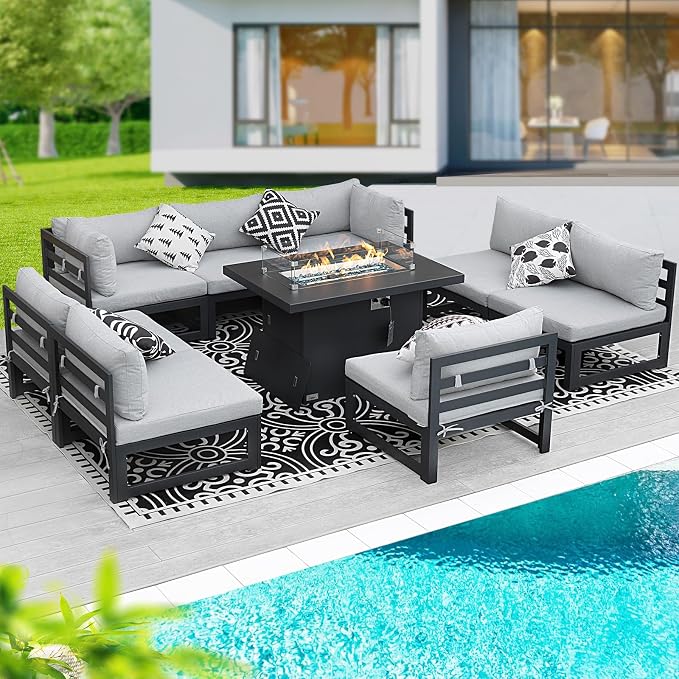 BULEXYARD 9 Piece Oversized Modular Outdoor Furniture Set with Fire Pit Table, 29" Deep Wide Sectional Seating, Heavy Duty Aluminum Frame for 500 lbs, Patio Conversation Set for Poolside, Light Gray