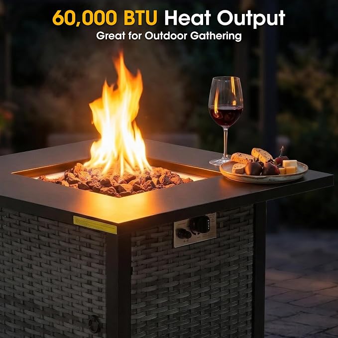 6 Piece Patio Furniture Set with Fire Pit, Grey Wicker Outdoor Conversation Set with 2 Swivel Rocker Chairs, Sofa, 2 Ottomans and Square 60,000 BTU Fire Pit Table for Porch, Deck