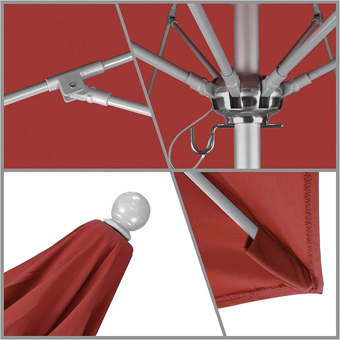 California Umbrella 9' Round Aluminum/Fiberglass Umbrella, Push Open, Silver Pole, Sunbrella Jockey Red