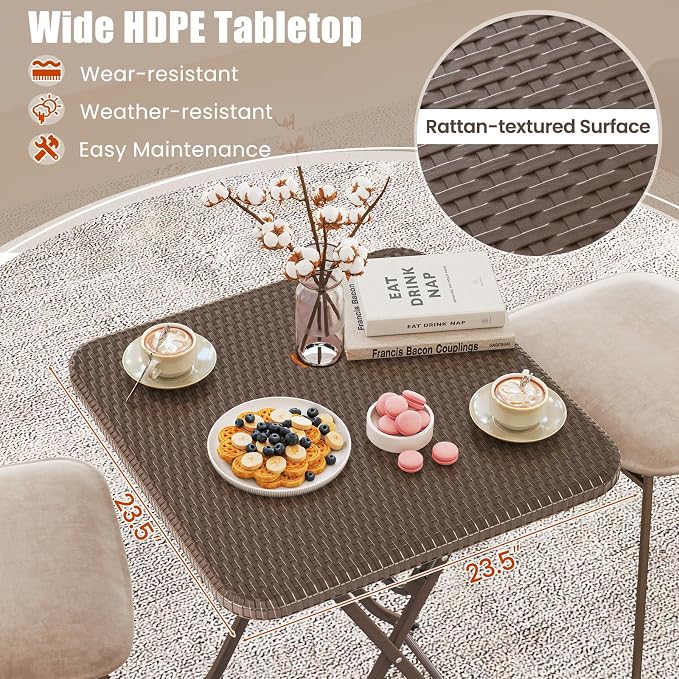 Tangkula 23.5" Square Folding Table, Indoor Outdoor Foldable Plastic Table with Rattan Textured HDPE Tabletop, Sturdy Metal Fame, Carrying Handle, 4 Person Picnic Table for Camping BBQ Party