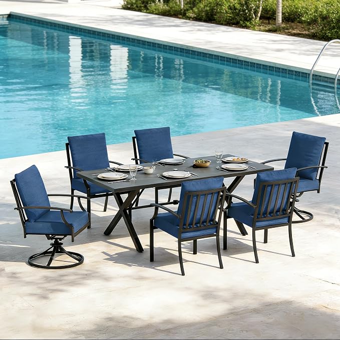 7 PCS Outdoor Patio Dining Set,Patio Table and Chairs Metal Outdoor Patio Furniture Set with Umbrella Hole,Dining Table Set with Swivel Chairs for Deck,Backyard and Garden,Navy Blue