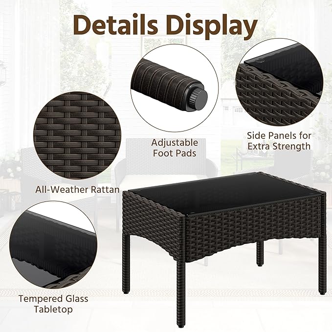 Yaheetech Patio Furniture Set 4 Pieces Conversation Sets, Rattan Chair Wicker Set Loveseat with Soft Cushion and Glass Table for Backyard Porch Garden Poolside Balcony, Brown and Beige