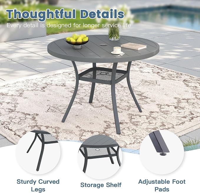 DIFY Outdoor Dining Set for 4, Patio Dining Furniture Set Includes 40.6" Grey Round Table with Adjustable Umbrella Hole and 4 Grey Stackable Metal Chairs for Poolside, Garden, Backyard