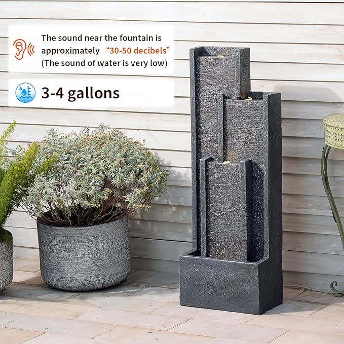 Bumilgar 39" Modern Outdoor Water Fountain with LED Lights – Grey Tiered Geometric Indoor Waterfall Fountain for Garden, Lawn, Porch or Backyard Décor, Floor Standing Resin Patio Water Feature Outside