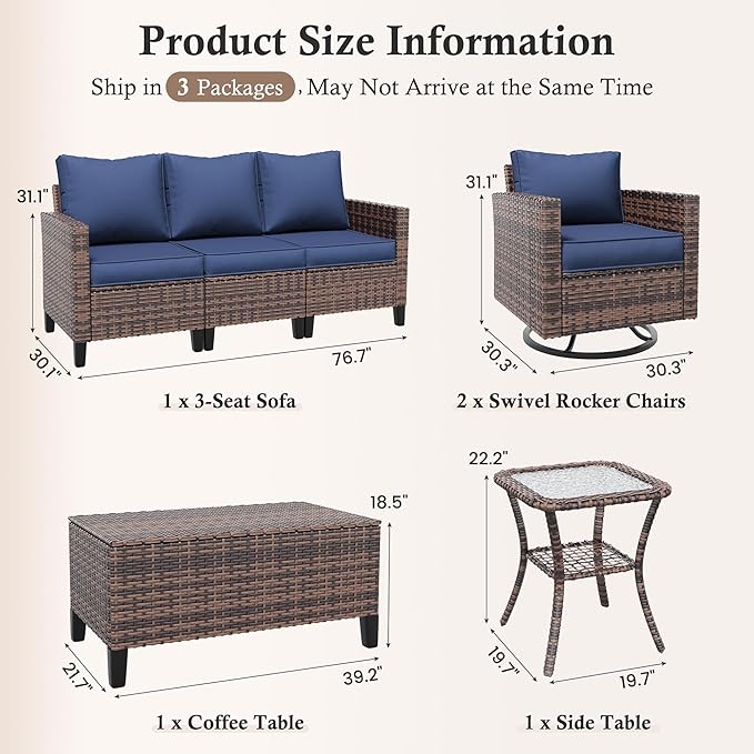 Amopatio Patio Furniture Set, 5-Piece Wicker Outdoor Sectional Sofa with Swivel Rocker Chairs, Rattan Conversation Set with Storage Coffee Table and Waterproof Cover for Backyard Brown/Navy