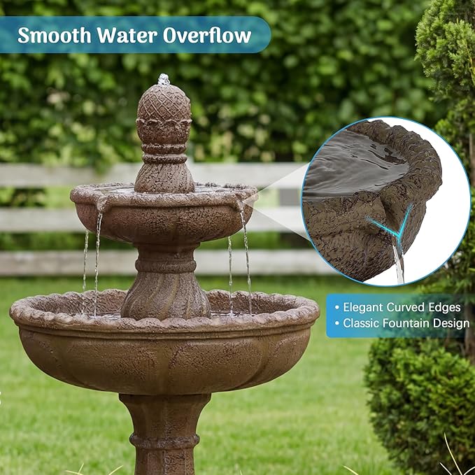 Redlife 37" Tall Outdoor Waterfall Fountain, 2-Tier Classic Pedestal Garden Water Feature with Pinecone Finial, Stone-Look Waterproof Resin Fountain for Patio, Yard, Lawn Decor, Stone Brown