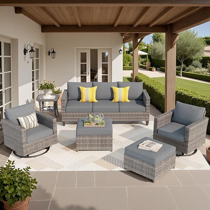 ovios 6 Pieces Patio Furniture Set, Outdoor Wicker Sofa Couch with Swivel Chairs, Rocking Glider Rocker with Comfy Cushions All Weather Rattan Conversation Set, Dark Grey