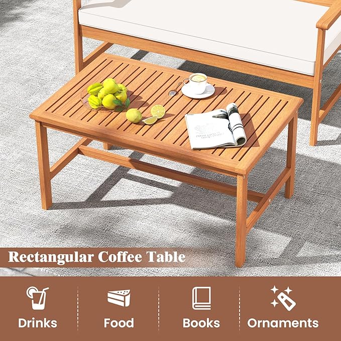 Tangkula 4-Piece Acacia Wood Patio Conversation Set, Outdoor Furniture Set with 2 Armchairs, Loveseat, Coffee Table, Soft Cushions, Slatted Sofa and Chairs Set for Deck, Backyard (Off White,1)