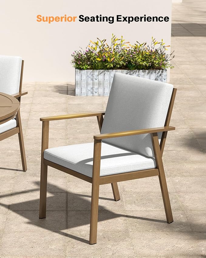 7 Pieces Teak Round Outdoor Dining Table Set, 51" Round Dining Table with 6 Dining Chairs, Never-Rust Aluminum Patio Furniture Set, Outdoor Round Dining Set w/Umbrella Hole for Garden, Indoor
