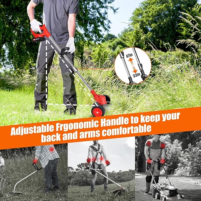 Electric Weed Wacker Cordless, 21V Lightweight Weed Wacker Battery Powered Brush Cutter, 3-in-1 Grass Trimmer/StringlessWeed Trimmer/Edger with Wheels&3Types Blades for Lawn, Garden & Yard