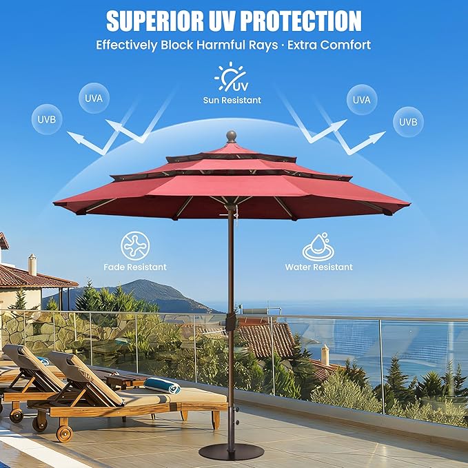 EliteShade USA 10-Year-Non-Fading 11ft 3-Tier Market Patio Umbrella, Commercial Grade Outdoor Table Umbrella with Crank Open, Windproof & UPF 50+ UV Protection, Heavy Duty Ventilation for Garden, Deck, Pool, Backyard, Beach & Bistro, No Tilt, Burgundy