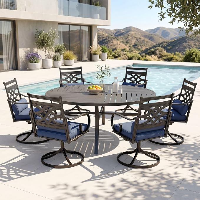 PHI VILLA Patio Dining Set, Swivel Chairs, Round Metal Table | Metal chairs, Blue, Umbrella Hole, Cushions, E-coated