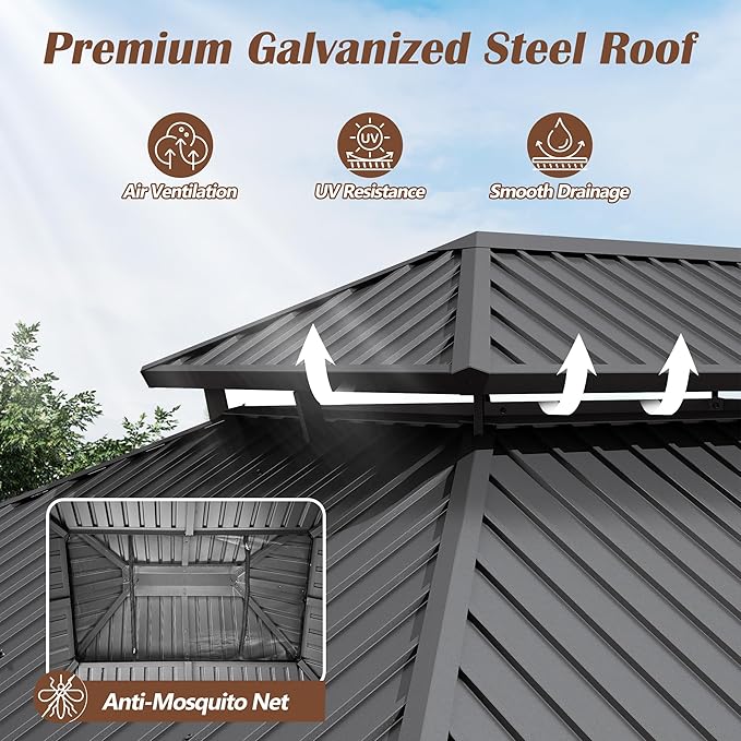 13' x 15' Upgraded Wood Gazebo, Spruce Wooden Gazebo with Double Galvanized Steel Roof, Outdoor Wooden Hardtop Gazebos for Deck,Patio