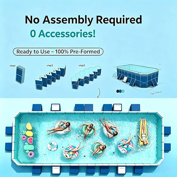13ft Non-Inflatable Foldable Pool, Reinforced Panel Support, 4-Layer Anti-Scratch Material, Heavy Duty Rectangular Pool for Family Kids Pets Backyard Slide Compatible Use