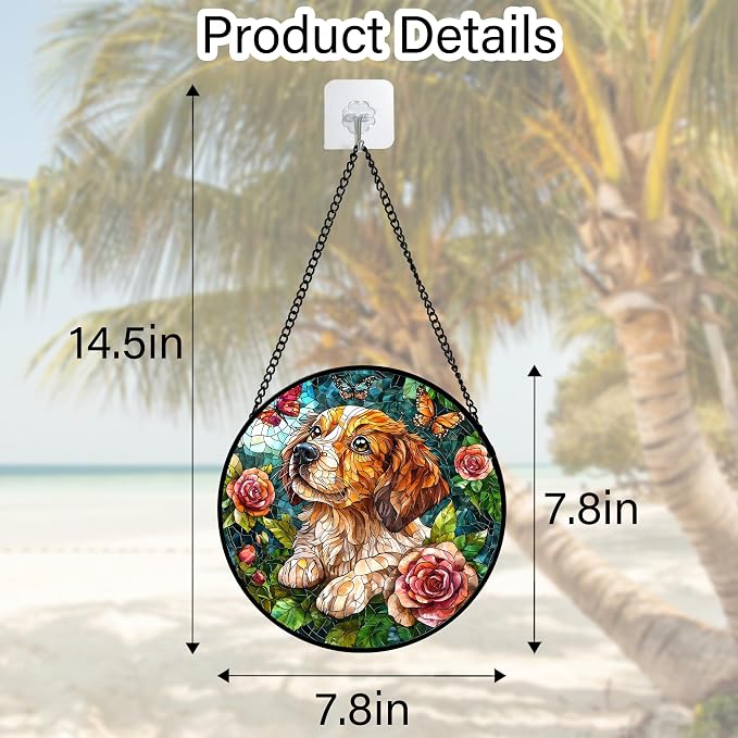 DASTOLL Stained Glass Window Hanging, Dog and Rose Suncatcher for Doors Home Butterfly Sun Catchers Decoration and Christmas, Mother's Day Birthday Gifts for Women, Men, and Mom 7.8 in