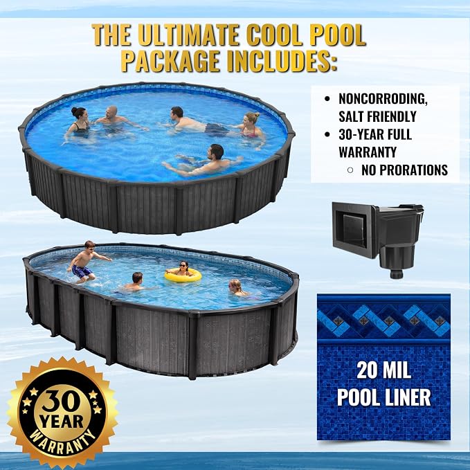 12x24 FT 54-Inch Oval Above Ground Swimming Pool Kit | Saltwater Friendly Aluminum Wall Pool Set with Heavy Duty Premium Resin Top Rails & Uprights | Includes 20 Mil Overlap Liner, Skimmer & Return