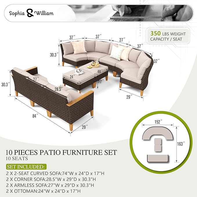 Sophia & William Outdoor Wicker Sectional Sofa Set, Half Moon Curved Patio Furniture Set with Ottman, High Back Rattan Patio Conversation Set for Outside, Porch, Pool(Beige, 10 Piece)