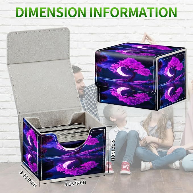 Card Deck Box for MTG, Cards Storage Box Fits 120+ Sleeved, Leather Small Size Strong Magnetic Closing Card Case for Board Games Magic TCG CCG Baseball Collection, Purple Moon Tree