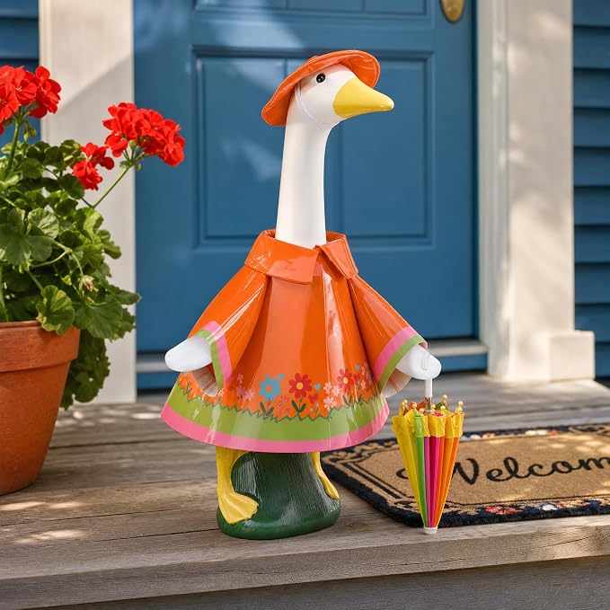 DECOHS 3 Pcs/Set Raincoat Porch Goose Outfits, Summer Lawn Goose Statue Costume with Rainbow Umbrella and Hat, Yard Geese Clothes for 23" Statue Patio Garden Decoration (Orange Flower)