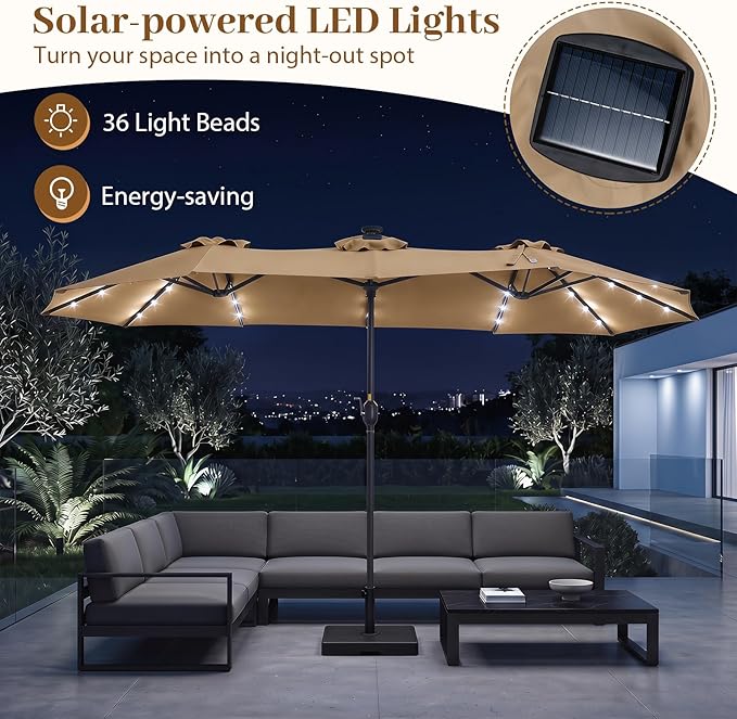 Tangkula 13 Ft Solar Patio Umbrella, Double-Sided Extra Large Outdoor Market Table Umbrella with 36 LED Lights, Crank Handle, 12 Sturdy Ribs for Poolside, Garden & Backyard (Tan)
