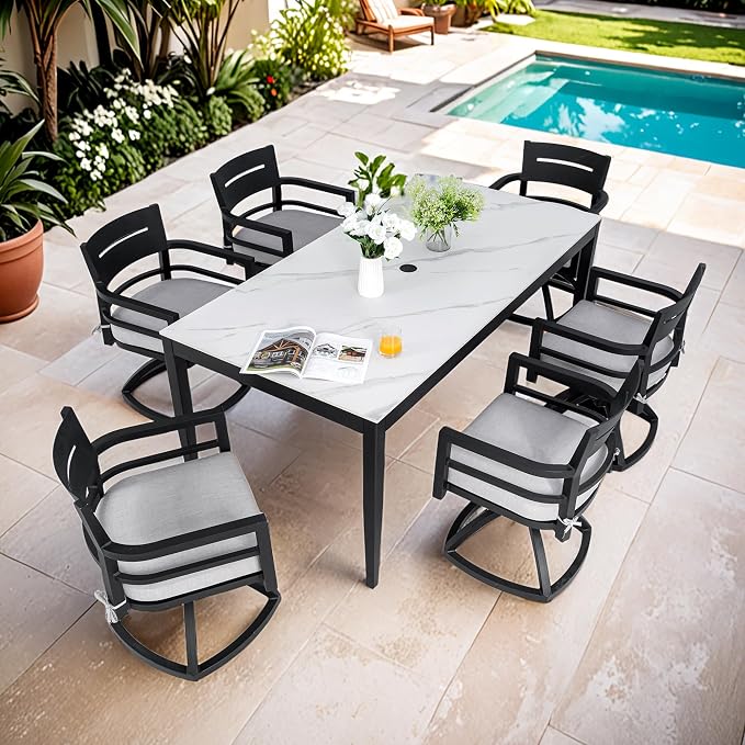 7PC Aluminum Outdoor Patio Dining Set, 71”Rectangular White Marble Dining Table with Sintered Stone Top and 6 Cushioned Swivel Rockers, All-Weather Patio Furniture