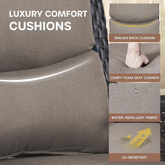 Patio Swivel Chairs with Smile-Shaped Cushions, 3 Piece High Back Patio Swivel Glider Chairs with Side Table 3PCS PE Rattan Luxury Swivel Patio Chairs Set Brown Wicker | Grey Cushions