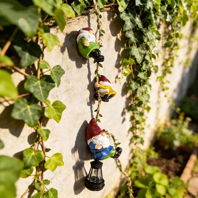 Garden Gnomes Hanging Solar Lights, 3-Pack Climbing Rope Gnome Statues with LED Lantern, Resin Outdoor Decor for Yard Patio Door Tree Fence Wall, Housewarming Gifts for Women Mom Grandma