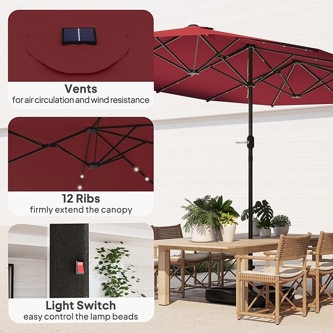 Outsunny 14.4ft Large Patio Umbrella with 36 Solar LED Lights, Double Sided Outdoor Umbrella with Base Included